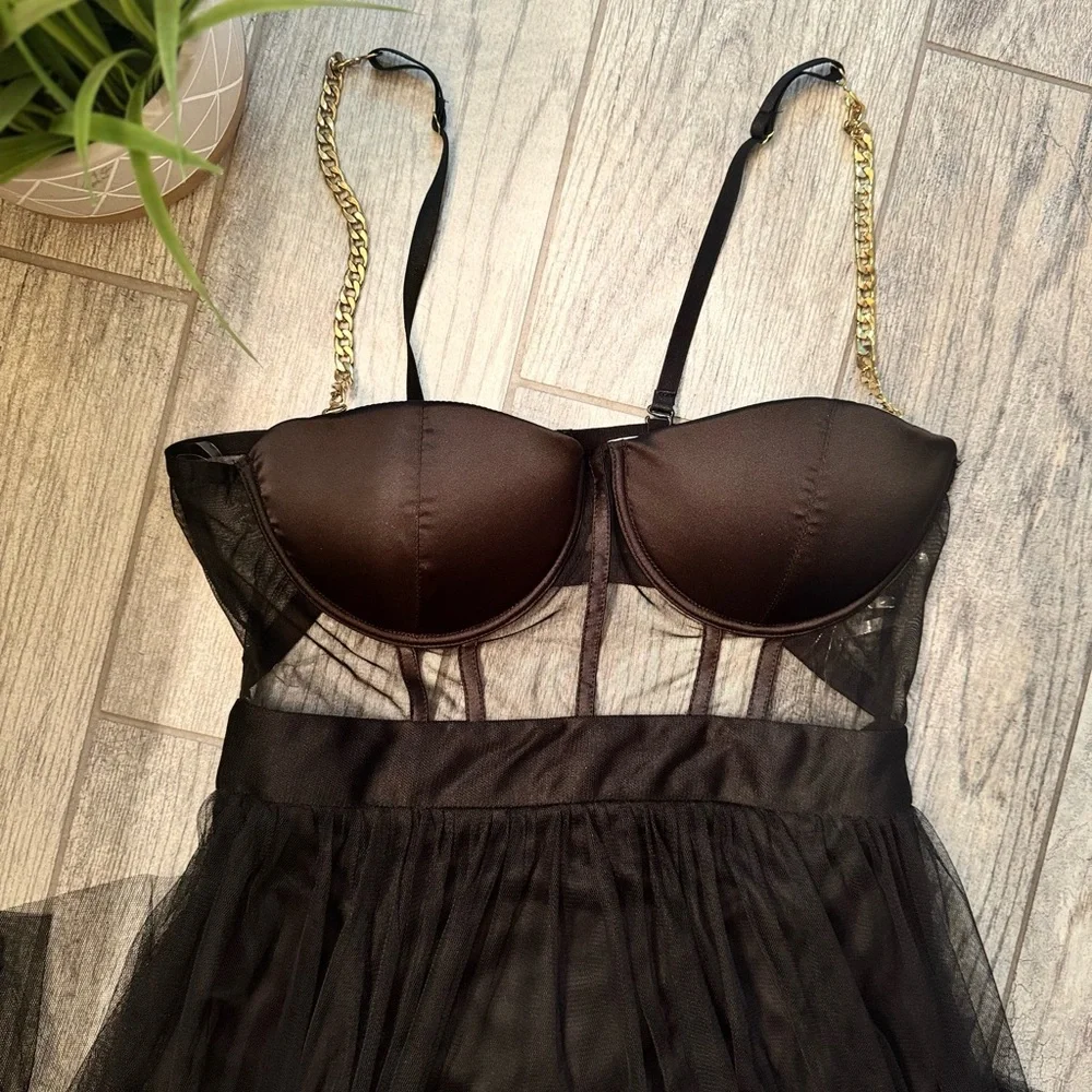 The Vintage Shop Black Corset Top Dress Tulle Skirt, Removable Gold Chain Straps - Picture 6 of 9